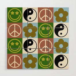 Checked Symbols Pattern (SMILEY FACE \ YIN YANG \ PEACE SYMBOL \ FLOWER) Wood Wall Art