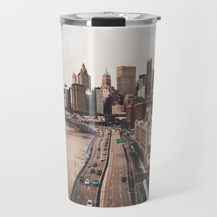 New York City | NYC Skyline and Brooklyn Bridge | Film Style Photography | Lower Manhattan Winter Travel Mug