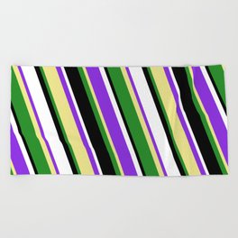 [ Thumbnail: Purple, Tan, Forest Green, Black, and White Colored Lined/Striped Pattern Beach Towel ]