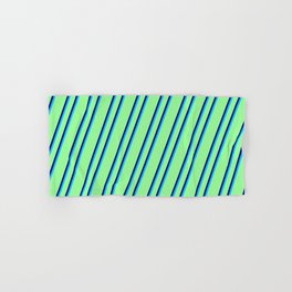 [ Thumbnail: Green, Blue & Deep Sky Blue Colored Stripes Pattern Hand & Bath Towel ]