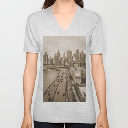 New York City | Skyline Sepia V Neck T Shirt