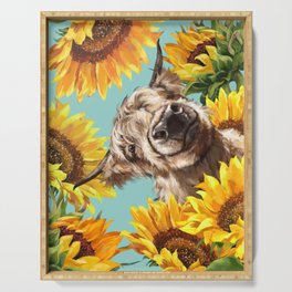Highland Cow with Sunflowers in Blue Serving Tray
