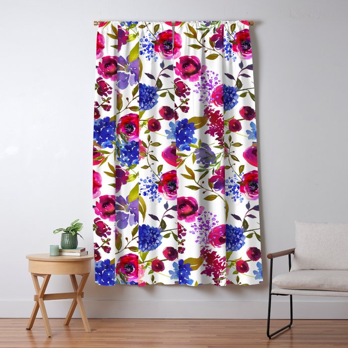 Magenta Pink Navy Blue Lilac Watercolor Floral Blackout Curtain By