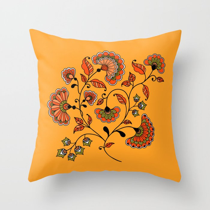 Retro whimsical Indian flowers yellow orange Throw Pillow