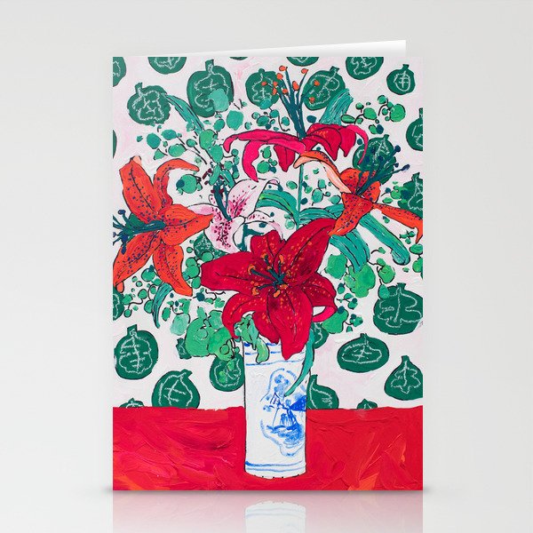 Tropical Lily Bouquet in Delft Vase with Matisse Leaf Cutout Background Stationery Cards