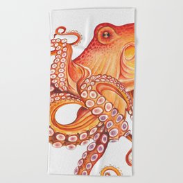 Red Octopus Kraken Tentacles on White Watercolor Art Beach Towel