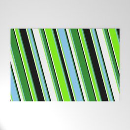 [ Thumbnail: Colorful Forest Green, Light Sky Blue, Green, White, and Black Colored Pattern of Stripes Welcome Mat ]