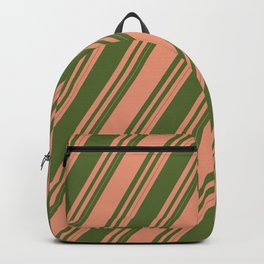 [ Thumbnail: Dark Salmon and Dark Olive Green Colored Striped/Lined Pattern Backpack ]