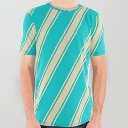 [ Thumbnail: Dark Turquoise and Tan Colored Lines Pattern All Over Graphic Tee ]