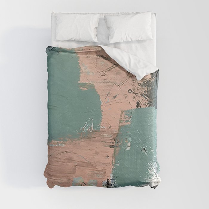 13th and Grant: an abstract mixed media piece in peach green blue and white Duvet Cover