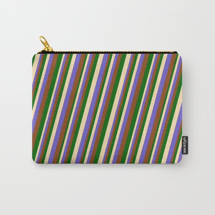 Beige, Slate Blue, Brown, and Dark Green Colored Lines/Stripes Pattern Carry-All Pouch