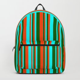 [ Thumbnail: Red, Cyan, and Dark Green Colored Lined/Striped Pattern Backpack ]
