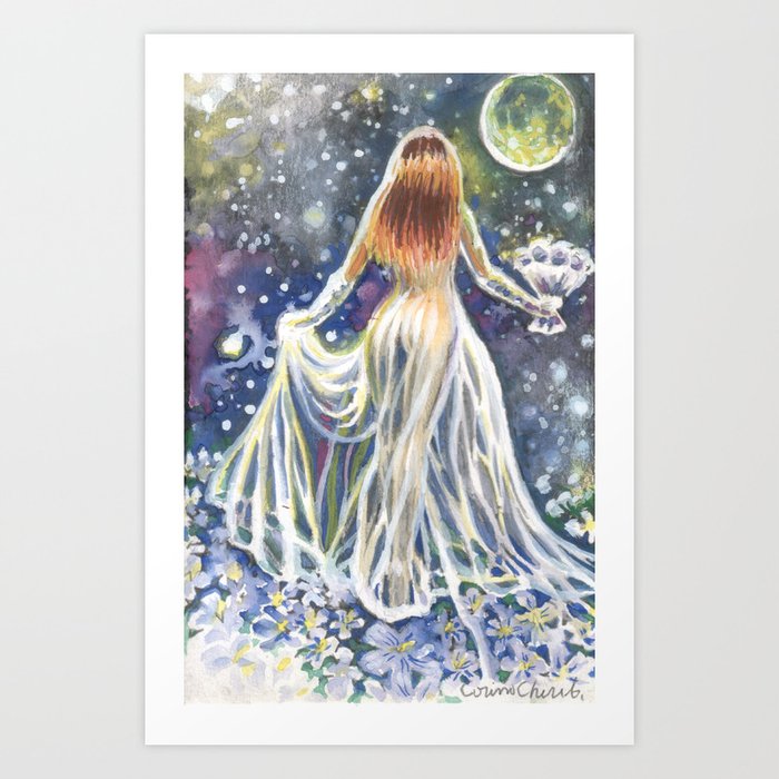 Princess Of Spring And Flowers Under The Moonlight Watercolor