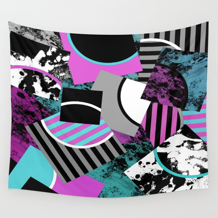 Cluttered Sqaures - Abstract, geometric, stripes, pink, cyan, blue, textured, black, white, arcs Wall Tapestry