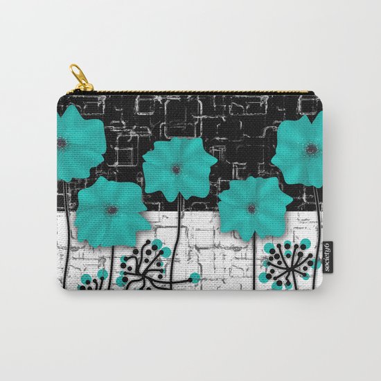 Turquoise flowers on black and white background . Carry-All Pouch