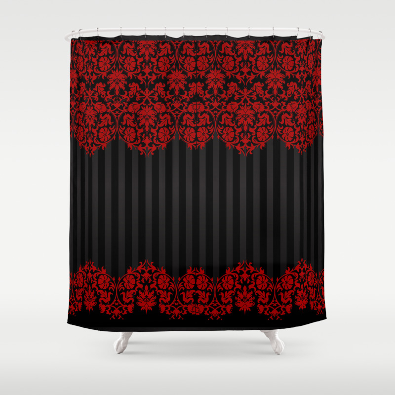 Beautiful Red Damask Lace And Black Stripes Shower Curtain By