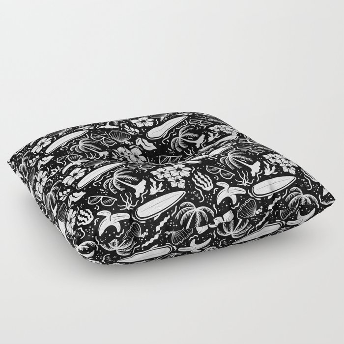 Black and White Surfing Summer Beach Objects Seamless Pattern  Floor Pillow