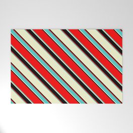 [ Thumbnail: Red, Turquoise, Light Yellow & Black Colored Lined/Striped Pattern Welcome Mat ]