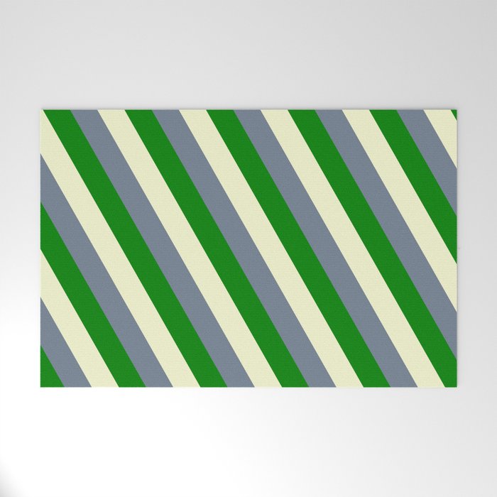 Light Yellow, Slate Gray, and Green Colored Lined Pattern Welcome Mat