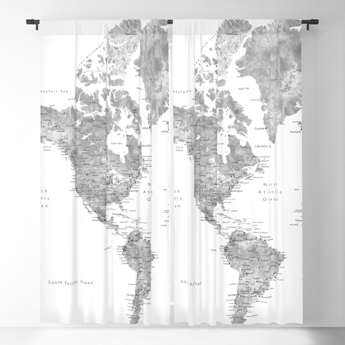 Grayscale watercolor world map with cities Blackout Curtain