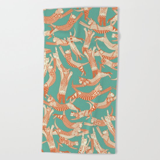 cat party jade orange Beach Towel