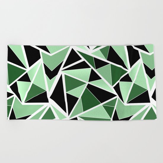 Abstract geometric pattern in black and green tones .Triangles . Beach Towel