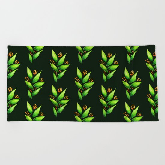 Abstract Watercolor Green Plant With Orange Berries Beach Towel