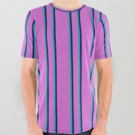 [ Thumbnail: Orchid, Midnight Blue, and Light Sea Green Colored Striped Pattern All Over Graphic Tee ]