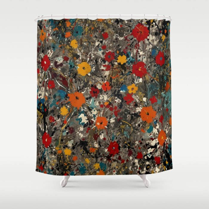 Floral Splash Paint Abstract on Gray Shower Curtain