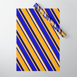 [ Thumbnail: Orange, Tan, Blue, and Black Colored Striped Pattern Wrapping Paper ]