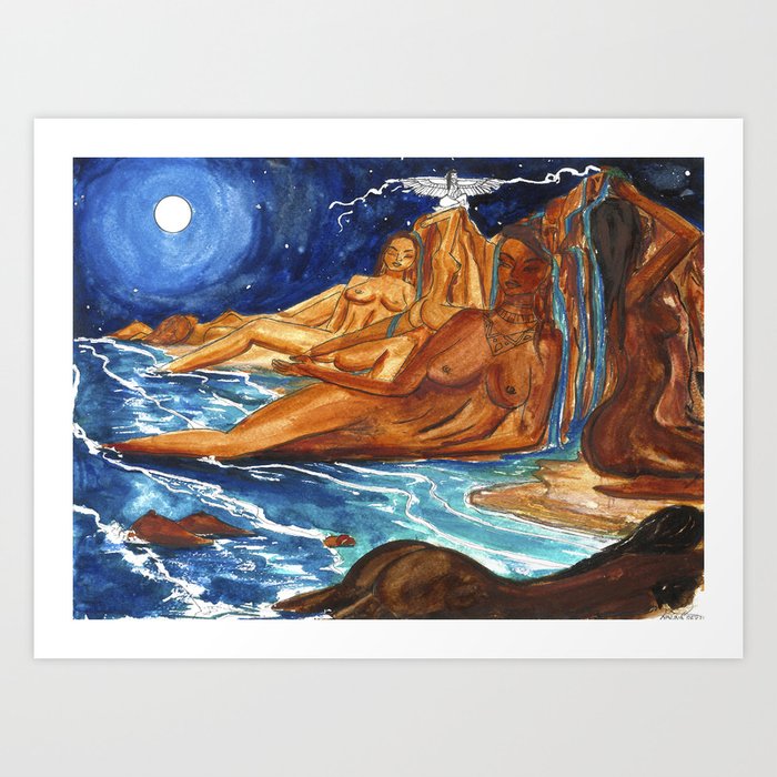 Moon Bathing Babes - Watercolor painting of Earth and Ocean Goddesses Art Print