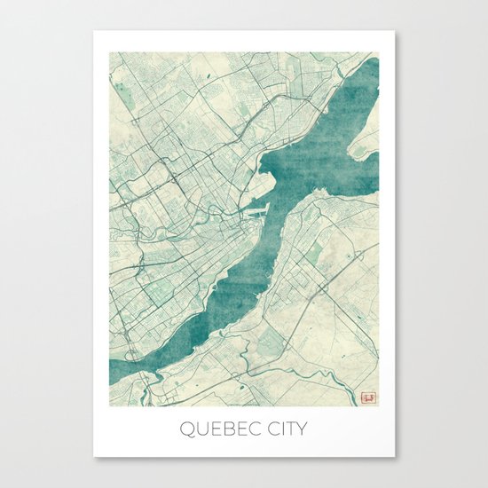 Quebec City Map Blue Vintage Canvas Print