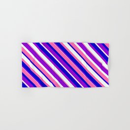 [ Thumbnail: Dark Violet, Mint Cream, Hot Pink, and Blue Colored Stripes/Lines Pattern Hand & Bath Towel ]