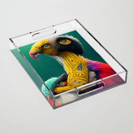 A fantasy portrait of an unusual bird in a fairy-tale elfin forest. Fabulous flower garden and cute fantasy birds. Concept of a colorful magic bird. Acrylic Tray