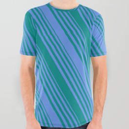 [ Thumbnail: Cornflower Blue and Dark Cyan Colored Striped/Lined Pattern All Over Graphic Tee ]