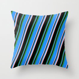 [ Thumbnail: Blue, Pink, Black, and Forest Green Colored Striped Pattern Throw Pillow ]