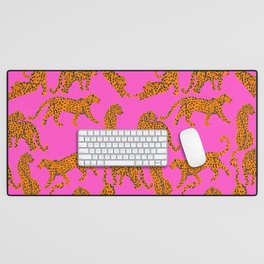 Abstract leopard with red lips illustration in fuchsia background  Desk Mat