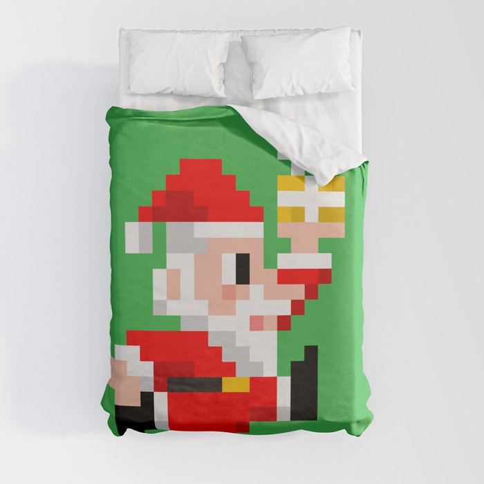 8 Bit Santa Claus Retro Gamer Christmas green Duvet Cover
