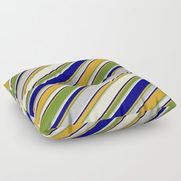 [ Thumbnail: Eyecatching Blue, Goldenrod, Green, Grey & Light Yellow Colored Pattern of Stripes Floor Pillow ]