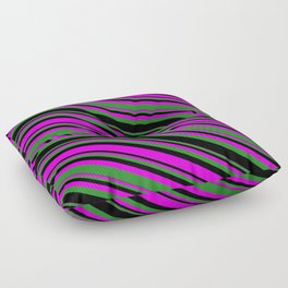 [ Thumbnail: Fuchsia, Forest Green & Black Colored Lines/Stripes Pattern Floor Pillow ]