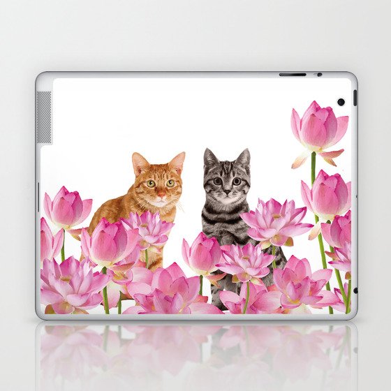 Red and Tiger cat in Lotos Flower Field Laptop & iPad Skin