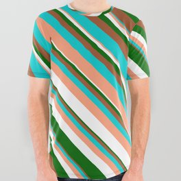 [ Thumbnail: Eyecatching Dark Green, Sienna, Dark Turquoise, Light Salmon & White Colored Stripes Pattern All Over Graphic Tee ]