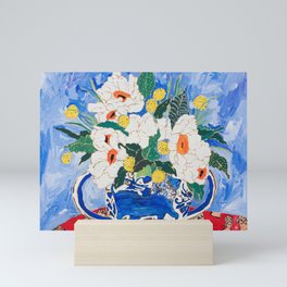 Queen of California - Giant Matilija Poppy Bouquet in Lion Vase on Blue Mini Art Print