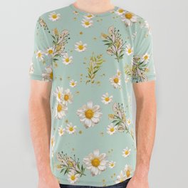 White Daisies Floral Pattern Seamless Sage Olive Green All Over Graphic Tee
