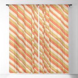 [ Thumbnail: Red, Beige, and Goldenrod Colored Lined Pattern Sheer Curtain ]