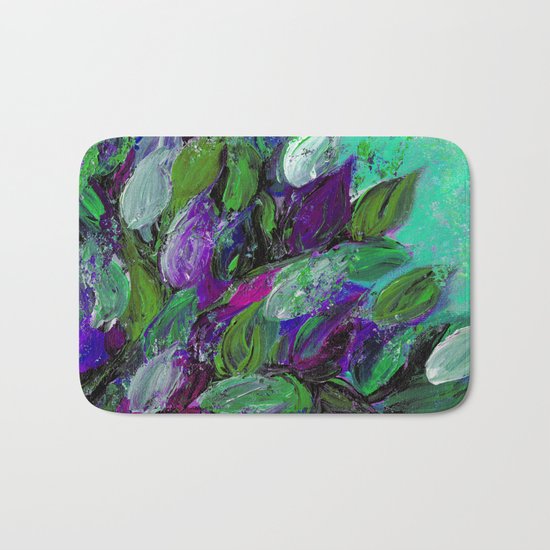 BLOOMING BEAUTIFUL 1 - Floral Painting Mint Green Seafoam Purple White Leaves Petals Summer Flowers Bath Mat