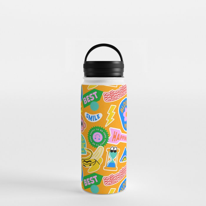 Funny retro colorful sticker label seamless pattern Water Bottle