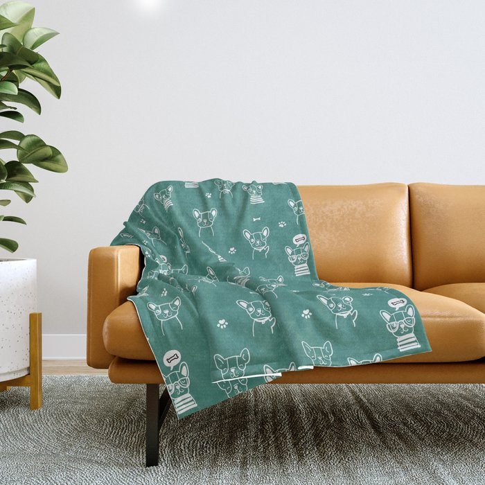 Green Blue and White Hand Drawn Dog Puppy Pattern Throw Blanket