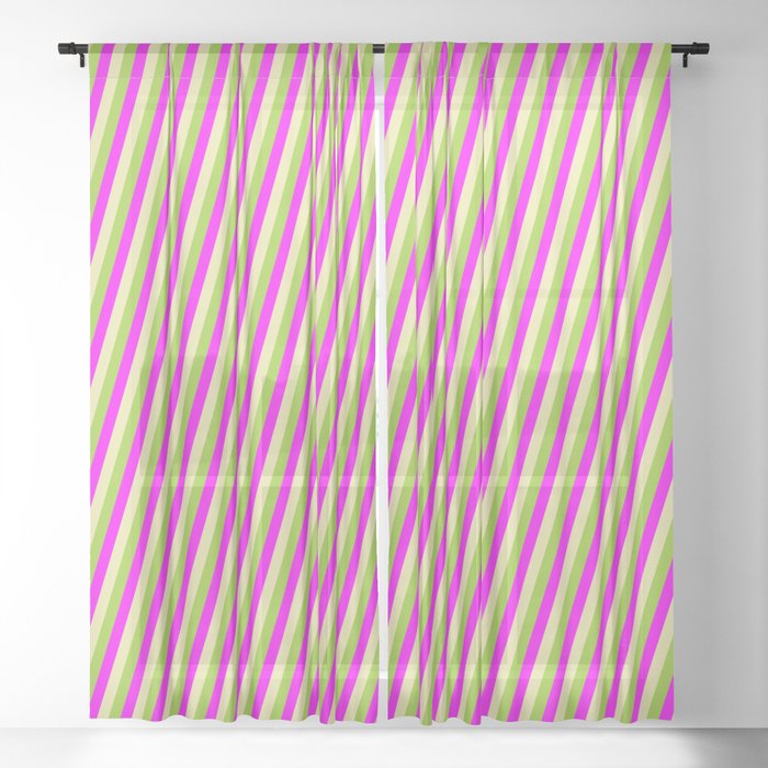 Fuchsia, Pale Goldenrod & Green Colored Pattern of Stripes Sheer Curtain