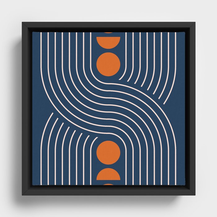 Geometric Lines in Navy and Orange (Rainbow and Moon Phases Abstract) Framed Canvas
